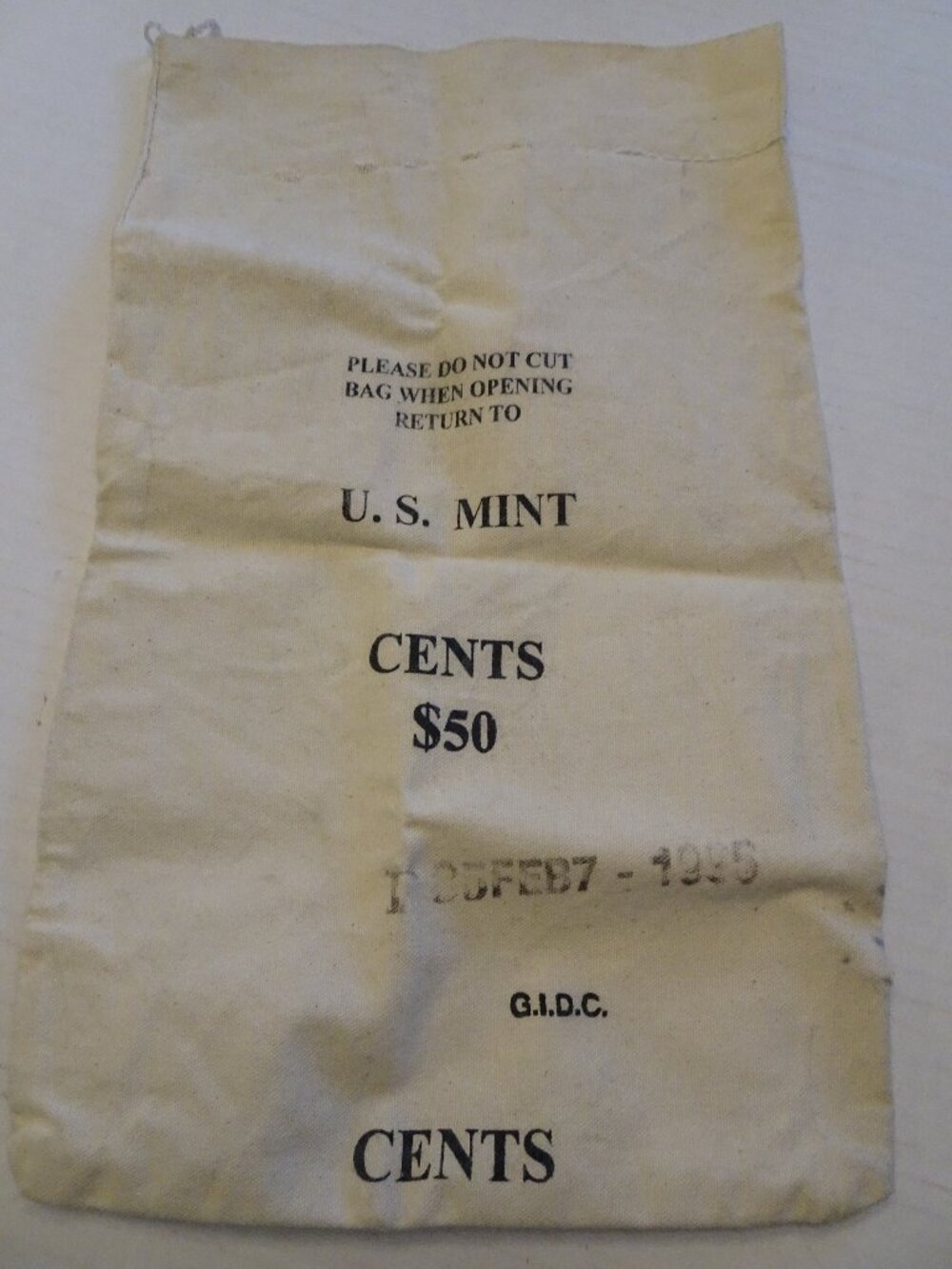 Bank Bag - U.S. Mint Canvas Money Coin Bag - Cents/Pennies -$50 - 1995